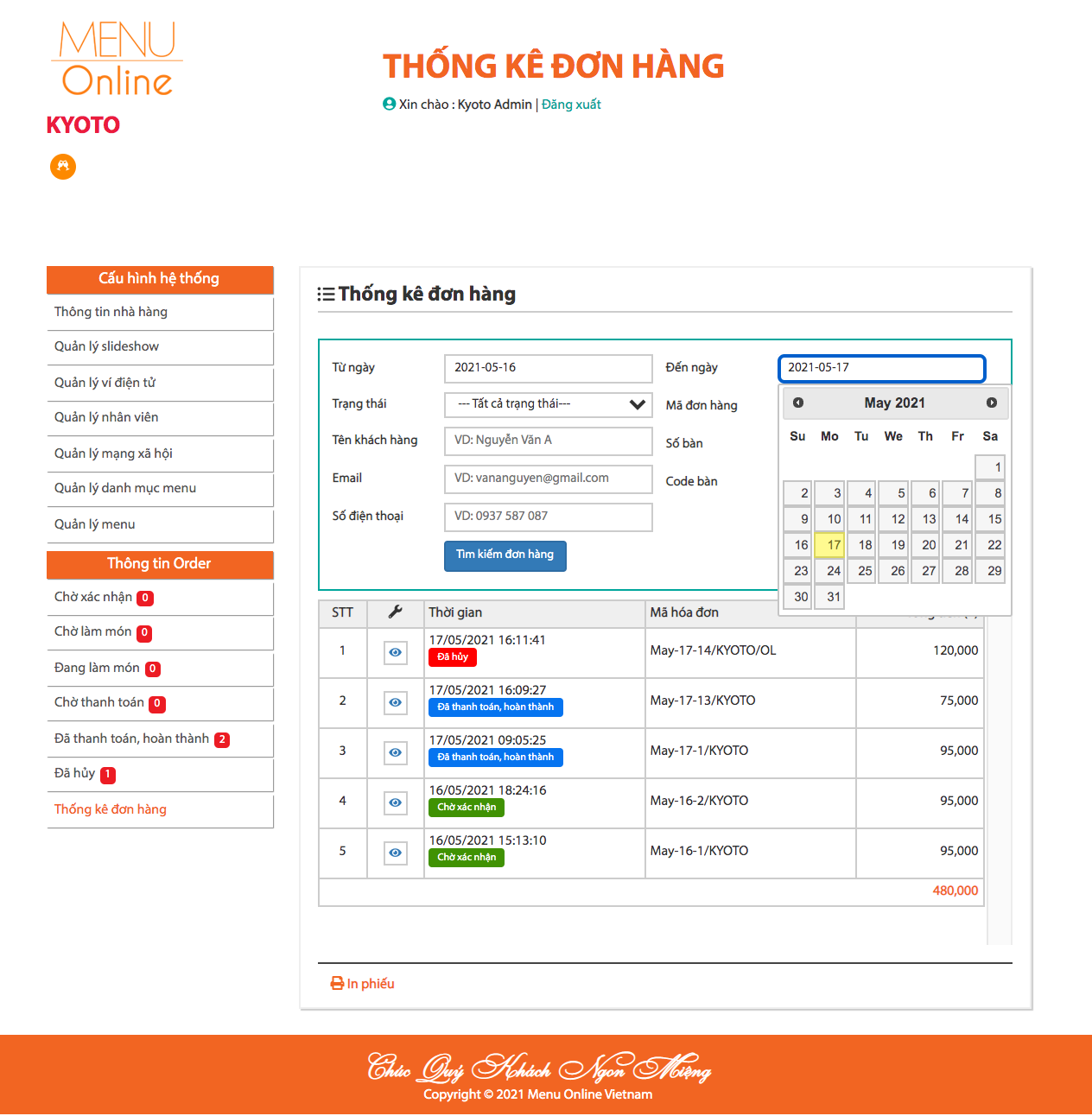 Thống kê đơn hàng